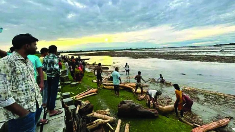 কুড়িগ্রামের কালজানী নদীতে ভেসে আসছে গাছের গুঁড়ি।...